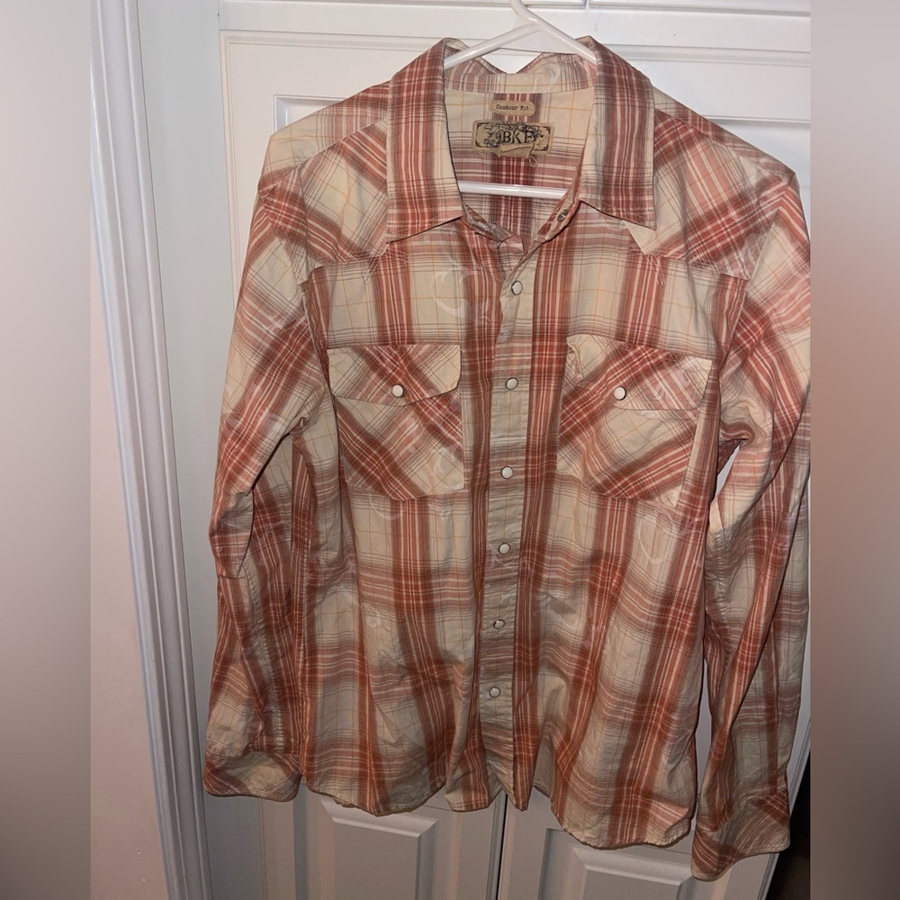 BKE Men's Plaid Button Down Shirt - Rust and Cream